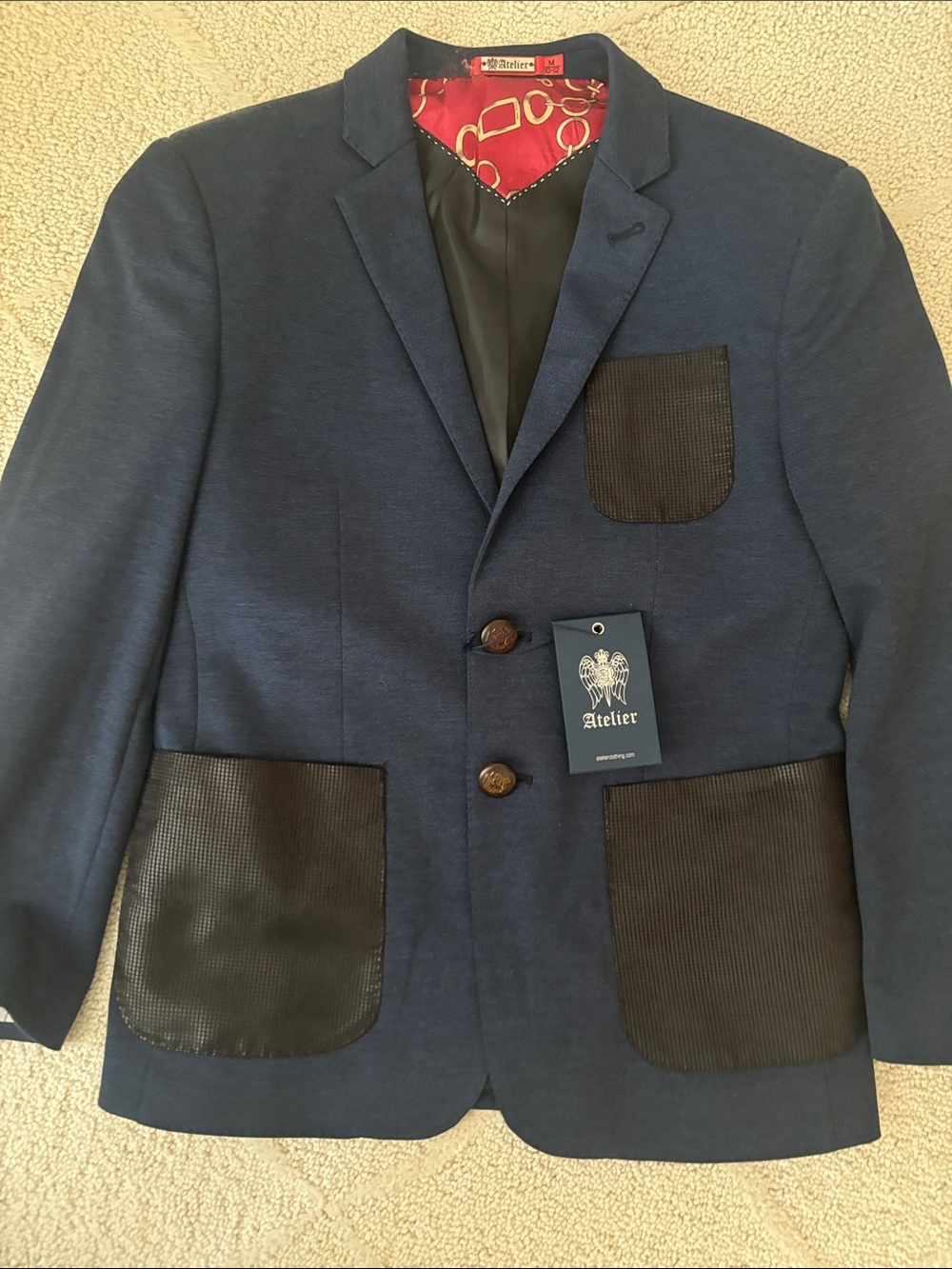 Atelier Sona Navy Blue Kids Blazer with Black Patch Pockets
